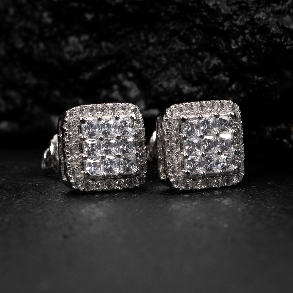 Mens White Gold Sterling Silver Invisible Set Square Princess Cut Stud Earrings